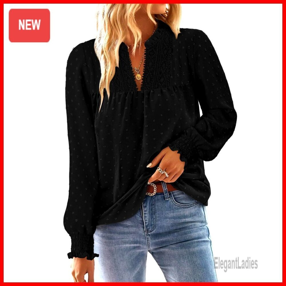 Long Sleeve V-Neck Tunic Top, Loose Fit Polyester Blouse, Bohemian Style